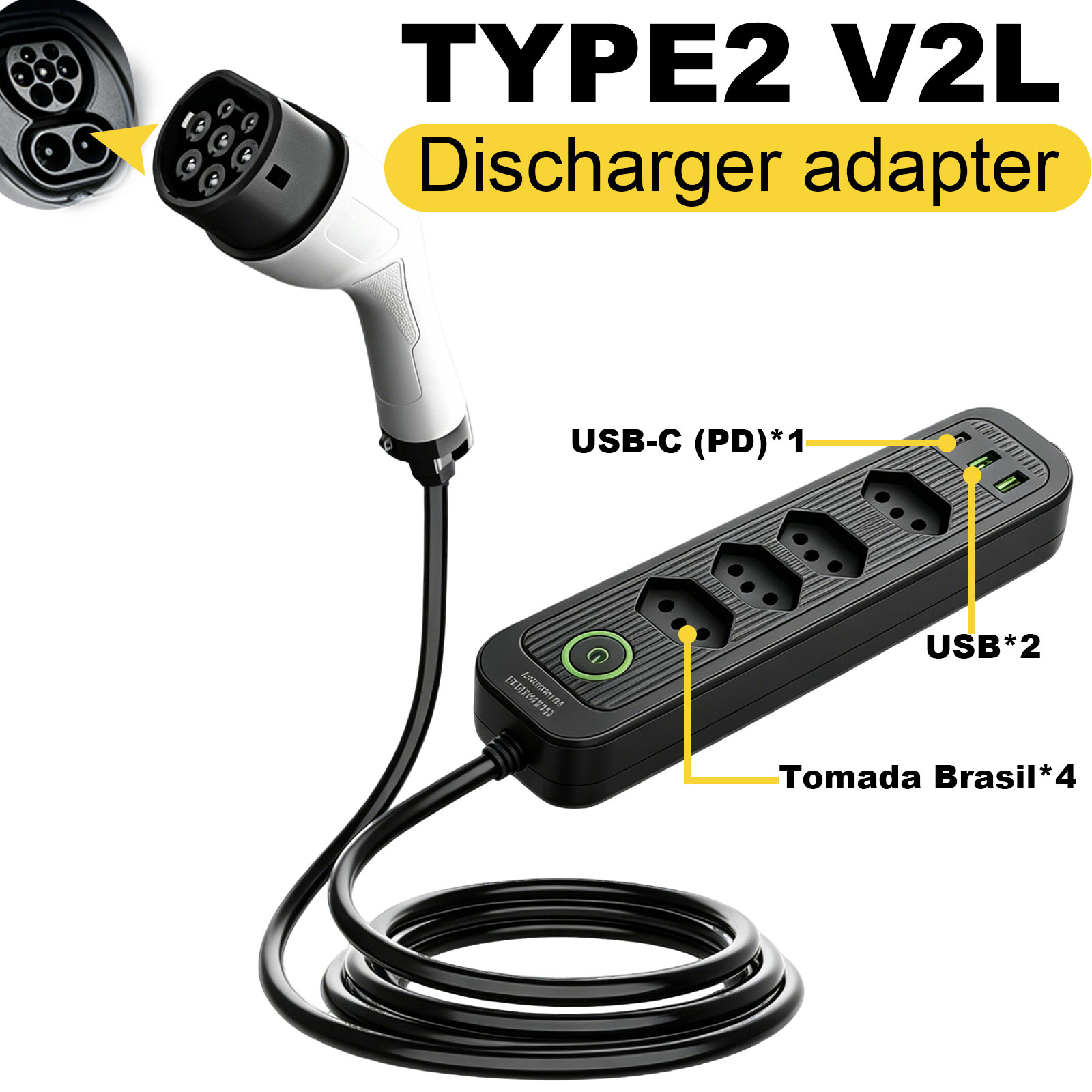 Outdoor Power Outlet - Type2 V2L-ontladingsadapter 16A Braziliaanse stekker EV